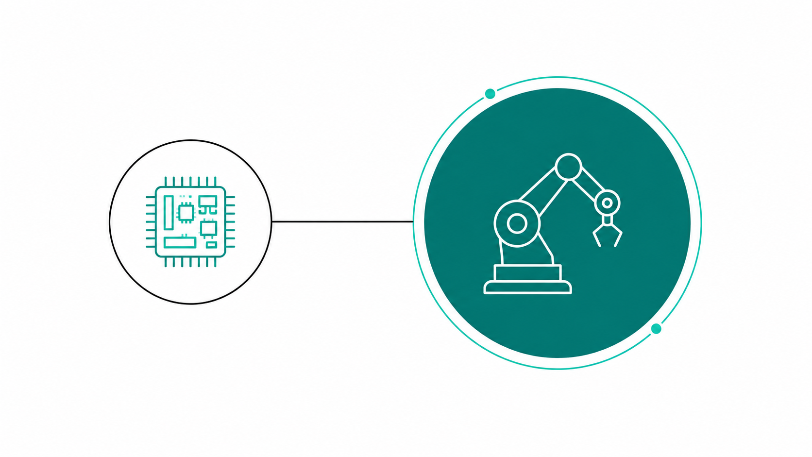 Abstract diagram of a small microcontroller/chip node connected to a larger emphasized robot-arm node, representing micro-ROS bringing ROS 2 to microcontrollers.